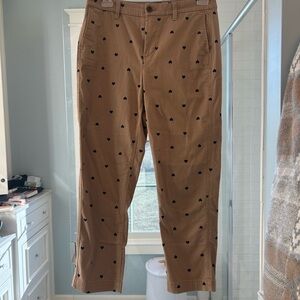 J. Crew Tan High-Rise Girlfriend Chino with Navy Blue Heart Pattern
